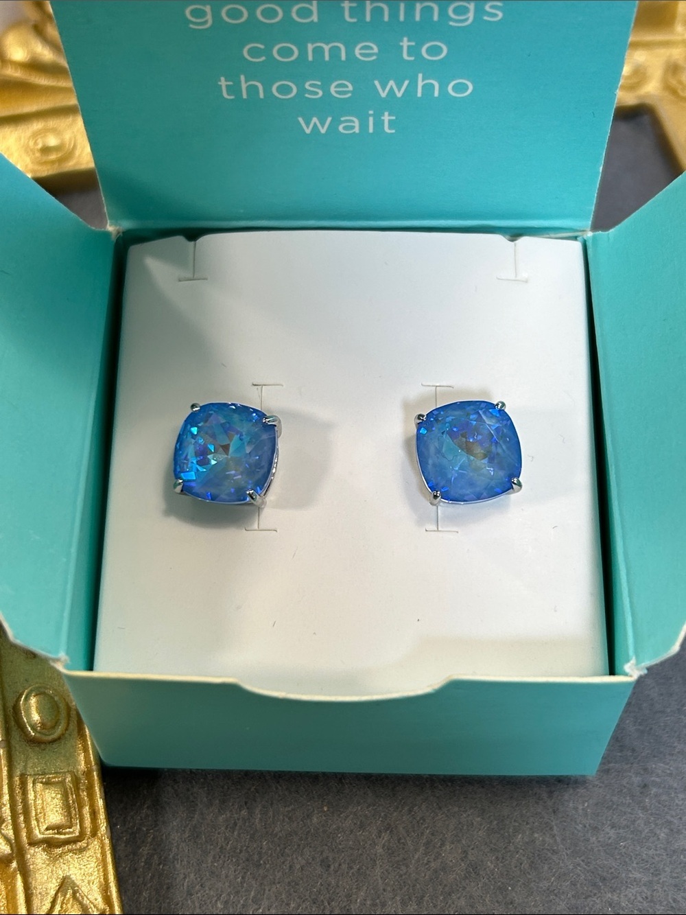 Origami Owl Clara stud earrings featuring blue Swarovski crystals